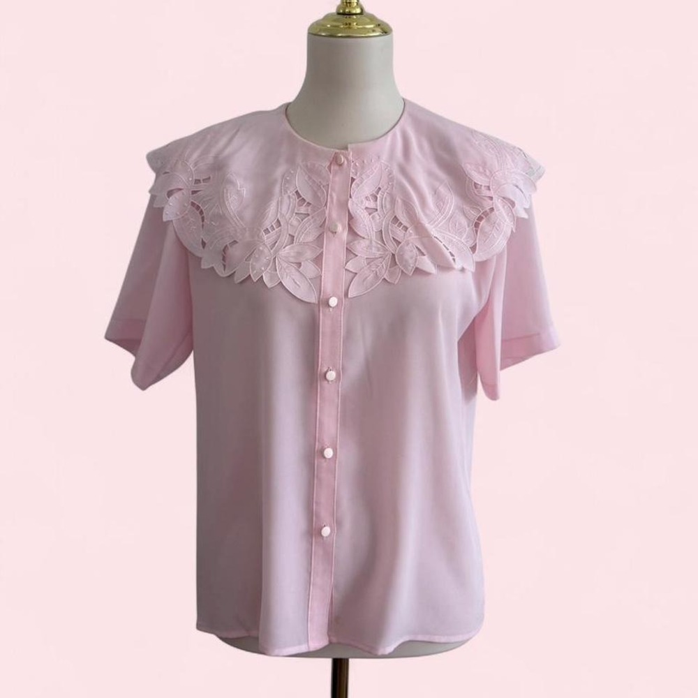Vintage Kathy Che Pink Lace Collar‎ Button-Up Blouse Size 10